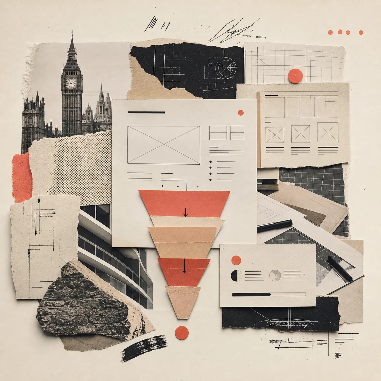 Editorial collage of a London agency studio mapping brand, UX and conversion channels