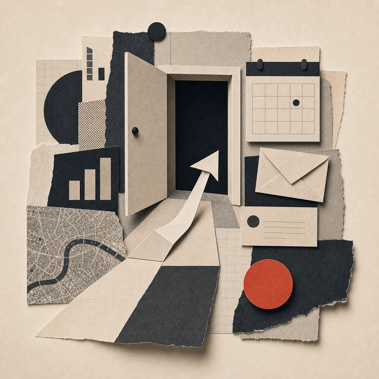 Editorial collage representing Harandi Labs contact, audit intake and growth planning