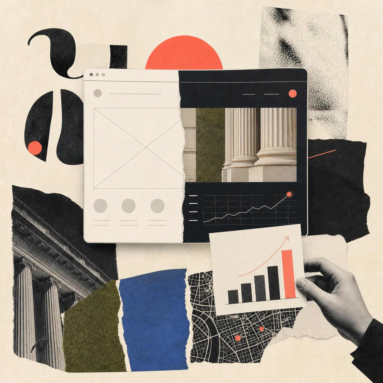 Surreal editorial collage of Harandi Labs turning scattered brand and product fragments into a growth engine