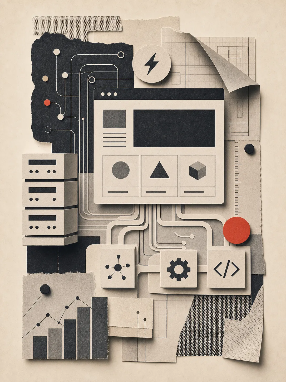 Editorial collage representing analytics, sales channels and growth loops