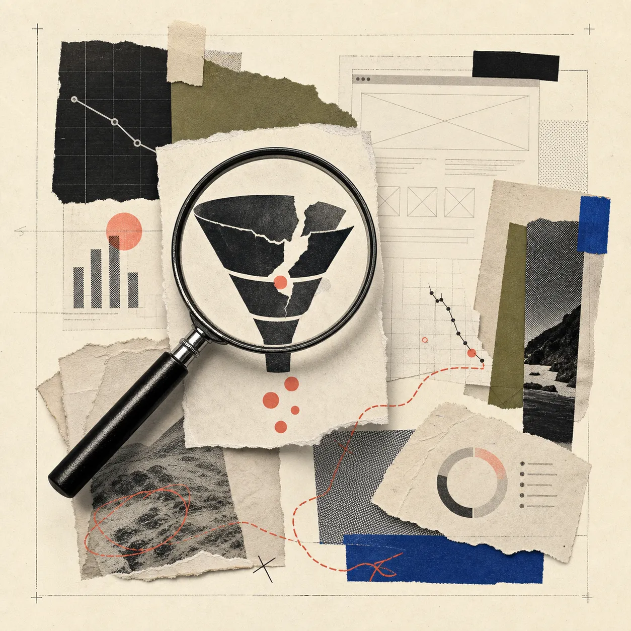 Collage representing diagnosis of website, buyer journey and analytics gaps
