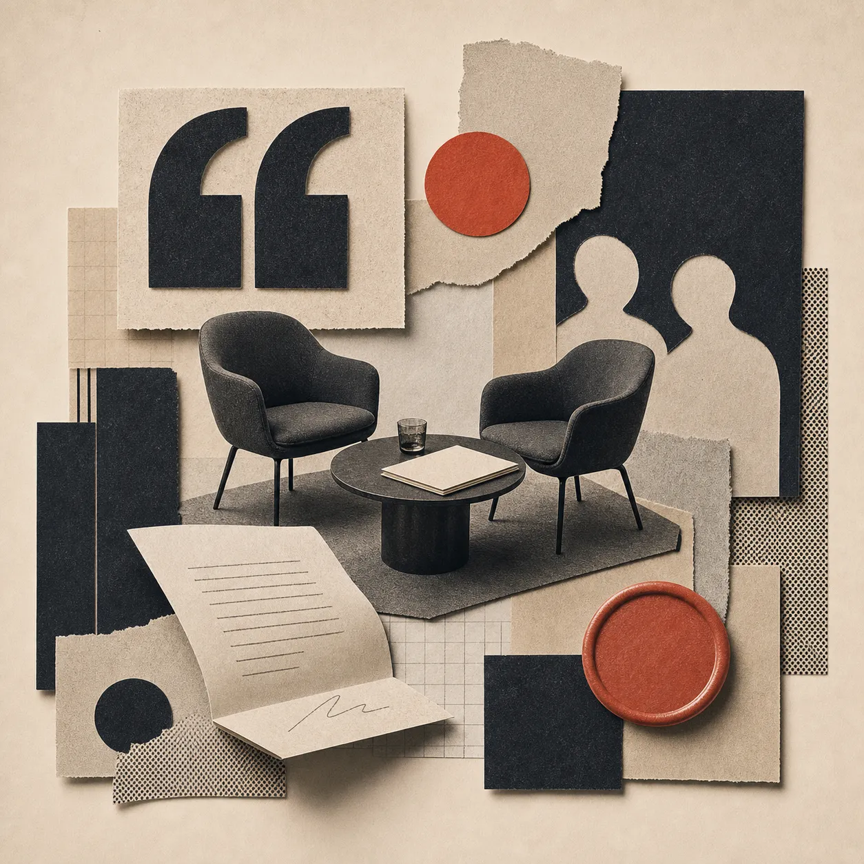 Surreal editorial collage representing buyer trust, decision signals and conversion momentum