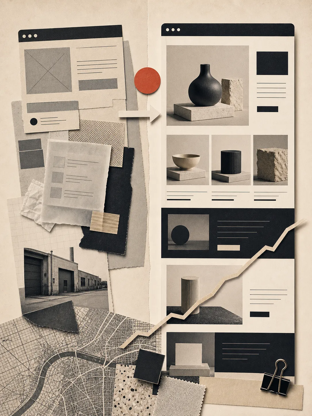 Editorial collage showing a service business transformed into a structured growth system