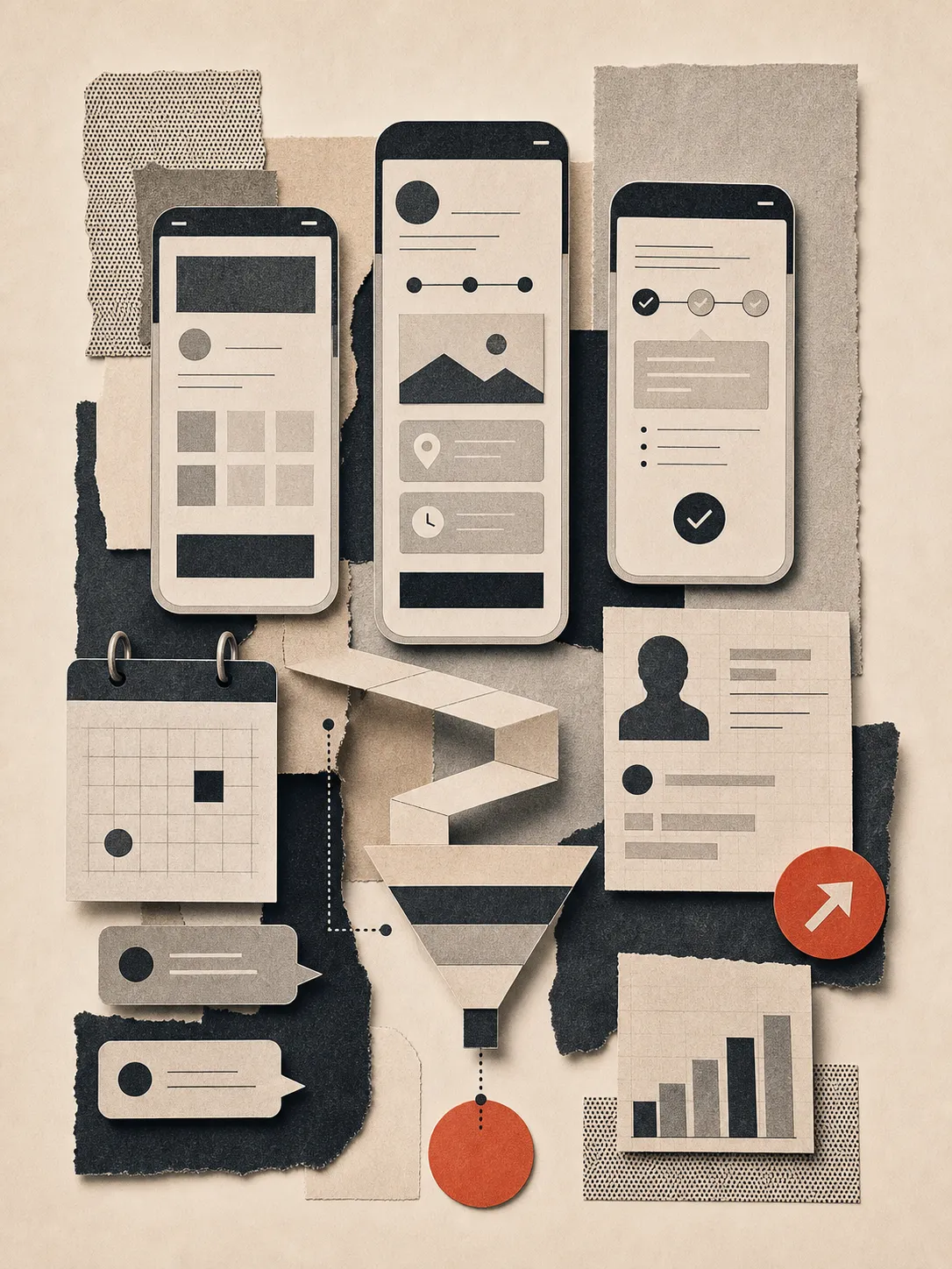 Editorial collage of product interface fragments, launch pages and conversion paths